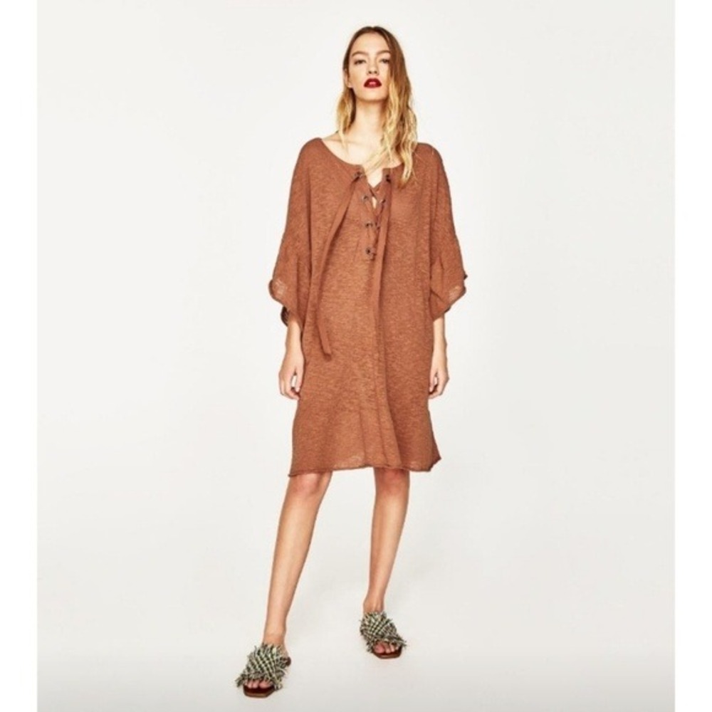 Zara Knit Dress Women Small Rust Brown Lace Up Flutter Sleeve Beach Cover Up NWT